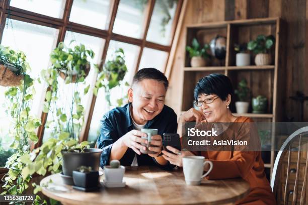 Happy Senior Asian Couple Video Chatting Staying In Touch With Their Family Using Smartphone Together At Home Senior Lifestyle Elderly And Technology Stock Photo - Download Image Now