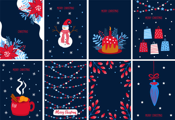 frohe weihnachten weihnachten frohes neues jahr festliche grußkarte vorlage hintergrund in marineblauen roten und weißen farben, vektorillustration grafik - weihnachtsmarkt stock-grafiken, -clipart, -cartoons und -symbole