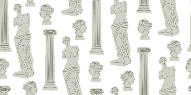 Classical design with ancient ionic order column and Venus Milos statues. Vector seamless pattern in doodle cartoon style. Museum pattern for adults and kids Classical design with ancient ionic order column and Venus Milos statues. Vector seamless pattern in doodle cartoon style. Museum pattern for adults and kids classical greek illustrations stock illustrations