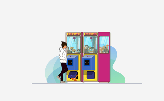 Vector illustration of beautiful girl playing claw vending machine.
