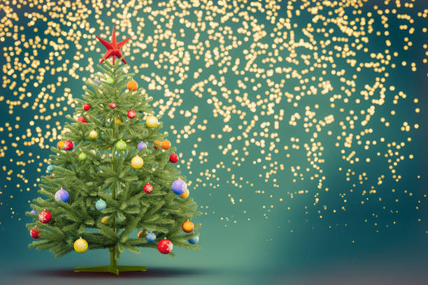 istock Beautiful artificial Christmas tree, with a Christmas tree toy, a red star. On a gradient green background, with beautiful yellow bokeh. Greeting card, Christmas. Space for text. 3d rendering. 1356383183