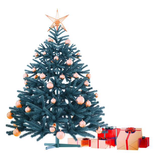 istock Decorated Christmas tree with a star and gifts. Isolated white backgraund. Boxes with bows. Place for text. 3D rendering 1356383219
