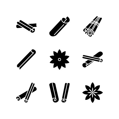 Cinnamon flat line icons set. Symbol of spice - Cinnamon sticks. Simple flat vector illustration for web site or mobile app.