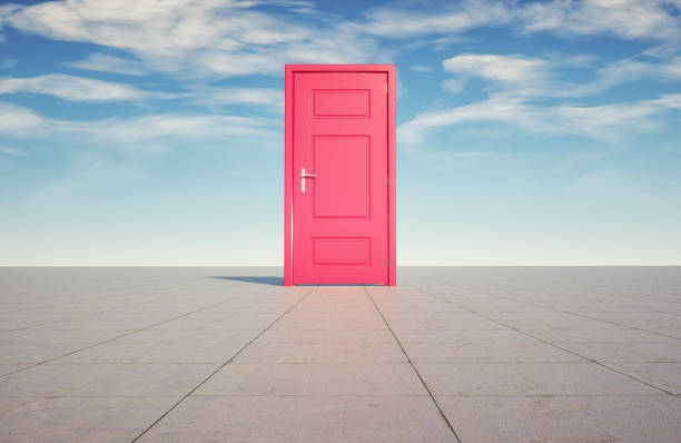 istock Closed door on empty field. Opportunity , mystery. 1356384340