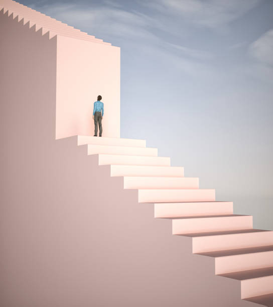 istock Man on stairs looks up.  Difficult times and challenge concept.  This is a 3d render illustration 1356384372
