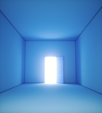 Opened door in a blue room. Dreams and achievement.  This is a 3d render illustration