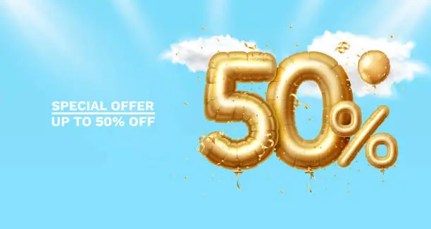 Vector illustration of 50 Off. Discount creative composition. 3d Golden sale symbol with decorative objects, heart shaped balloons, golden confetti, podium and gift box. Sale banner and poster. Vector