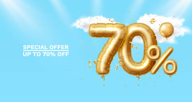 istock 70 Off. Discount creative composition. 3d Golden sale symbol with decorative objects, heart shaped balloons, golden confetti, podium and gift box. Sale banner and poster. Vector 1356387070