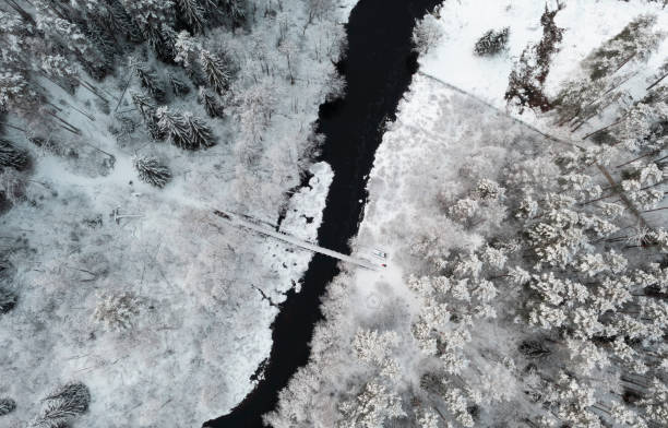 istock Bridge over the river near the winter forest, top down view 1356387097