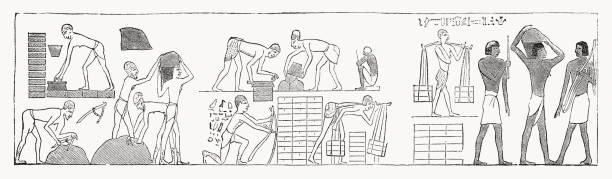 Ancient Egyptian brick maker, wood engraving, published in 1862 Ancient Egyptian brick maker. Wood engraving after a mural in the tomb of Rekhmire, Valley of the Nobles in lower Egypt, published in 1862. drawing of slaves working stock illustrations