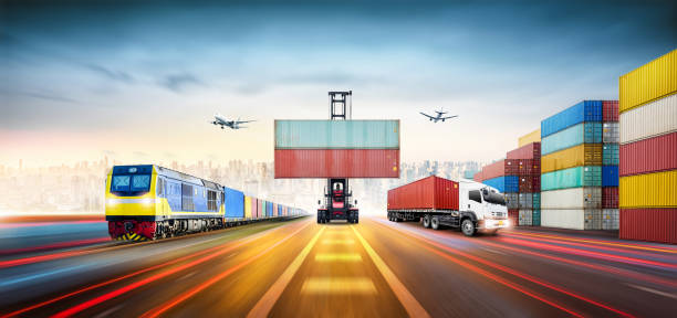 istock Global business logistics import export and container cargo freight train, cargo plane, container truck on highway at city background with copy space, transportation industry concept 1356387292