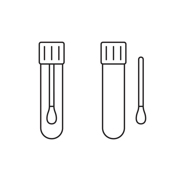 Laboratory tube with tupfer for clinical smear, linear icon. Medical supplies for saliva test Laboratory tube with tupfer for clinical smear, linear icon. Medical supplies for saliva test. Outline simple vector. Contour isolated pictogram on white background pap smear stock illustrations