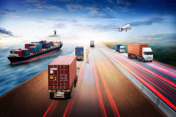 global business logistics import export and container cargo freight ship, cargo plane, container truck on highway, transportation industry concept - freight liner imagens e fotografias de stock