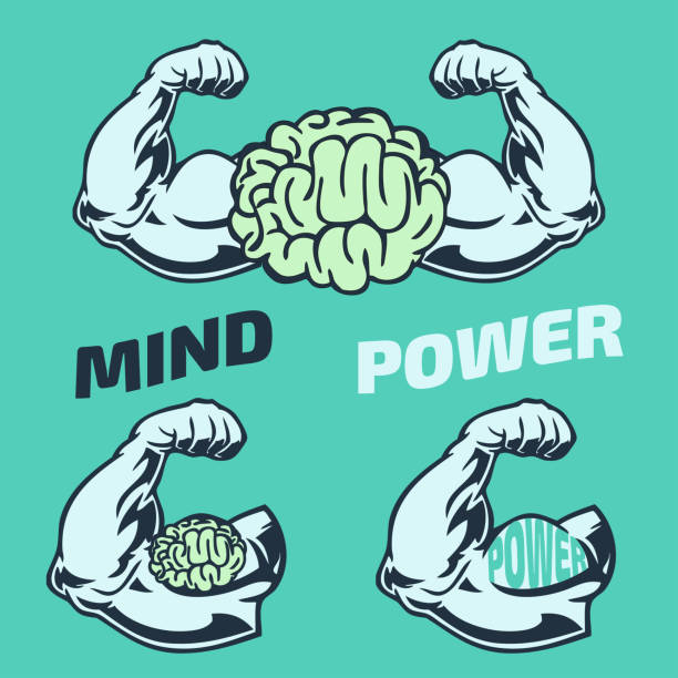 ilustrações de stock, clip art, desenhos animados e ícones de demonstration of the power of the mind brain turquoise hands muscles turquoise - muscular build men tattoo human arm