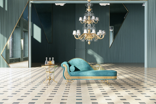 Elegant Waiting Room Interior With Turquoise Colored Sofa, Side Table And Gold Colored Chandelier