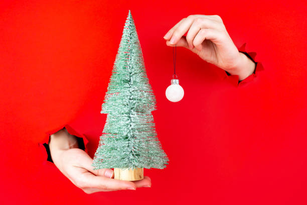 istock Hand is holding mini christmas tree in torn hole 1356390450