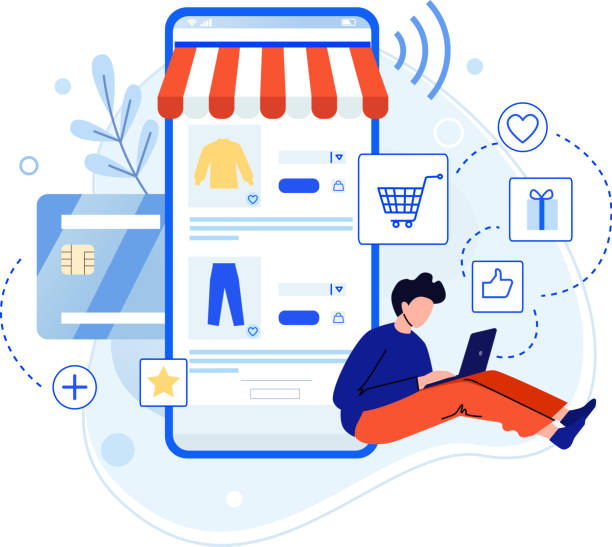 Buy purchase in internet shop, read review and buying Buy purchase in internet shop, read review and buying. Online application commerce, technology e-commerce to marketing for mobile store, vector illustration e commerce stock illustrations