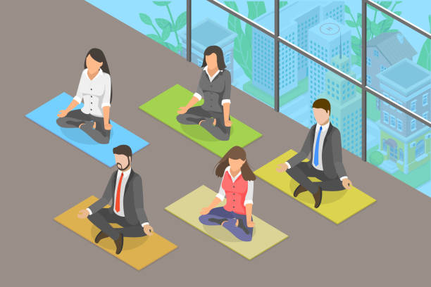 ilustrações de stock, clip art, desenhos animados e ícones de 3d isometric flat vector conceptual illustration of meditation at work - yoga meditating business group of people