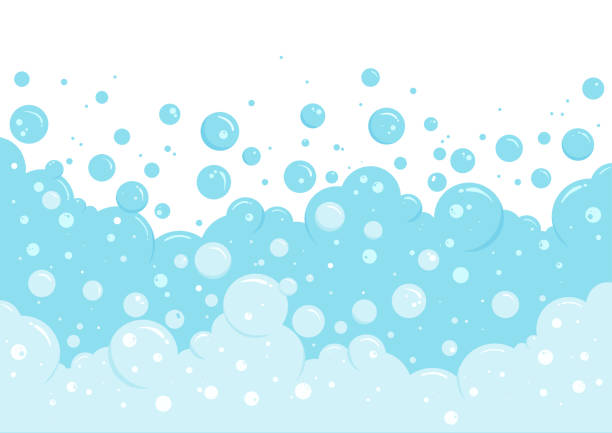 블루 폼 버블 테두리, 비누 추상 프레임, 비누 무늬. 투명 발포성 기포가 흰색 배경에서 격리됩니다. 만화 소다 팝. 피지 음료. 탄산 벡터 - air equipment flowing water oxygen stock illustrations
