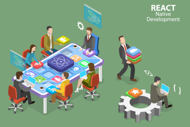 3D Isometric Flat Vector Conceptual Illustration of React Native Development 3D Isometric Flat Vector Conceptual Illustration of React Native Development, Mobile App Creating native app development stock illustrations