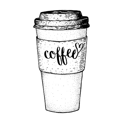 Coffee to go cup sketch. Hand drawn illustration. Engraved vector illustration. Americano cup. Street coffee