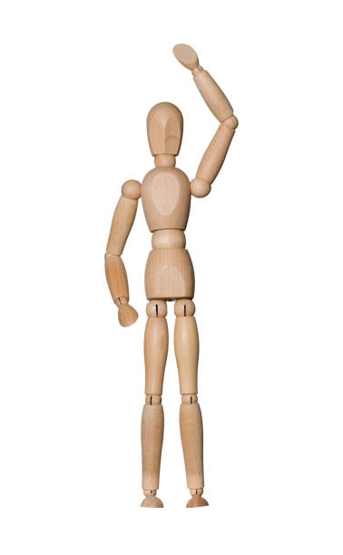 istock wooden mannequin raised one hand in greeting isolated on white 1356395616