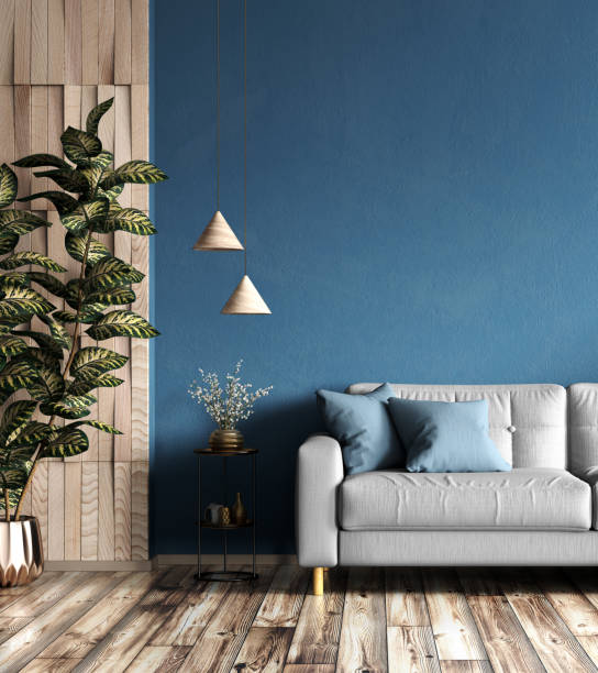 diseño interior de apartamento moderno, sofá gris en la sala de estar sobre la pared azul de la maqueta, diseño del hogar renderizado en 3d - showcase interior fotografías e imágenes de stock