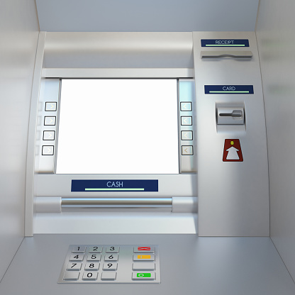 Atm machine with display screen, buttons, card reader, cash dispenser and receipt printer. Pin code safety, automatic banking, electronic cash withdrawal, bank account access concept.