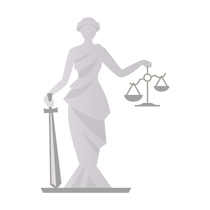 Statue of justice - modern flat design single isolated object. Neat detailed marble figure of a woman with a sword and scales in her hands. The symbol of the judiciary, jurisprudence and fairness