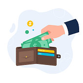 istock Hand takes banknotes from the wallet. Vector flat illustration isolated on the white background. 1356397046
