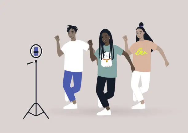 Vector illustration of Contemporary choreography, a social media dancing challenge, dancers recording themselves with a phone on a tripod