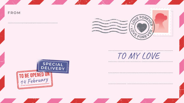 leere valentinstagspostkarte. alles gute zum valentinstag. - air mail envelope letter mail stock-grafiken, -clipart, -cartoons und -symbole