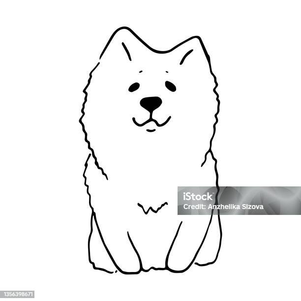 Branco Bonito Sorrindo Samoyed Cão Mão Desenhada Vector Lustration Doodle Sketch. Desenho Do Personagem Do Desenho Animado Do Filhote De Cachorro Esboço. Conceito Para Crianças Crianças Imprimir, Design De Pôster, Papel De