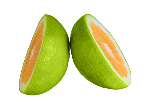 two halves of green grapefruit citrus sweetie isolated on white background