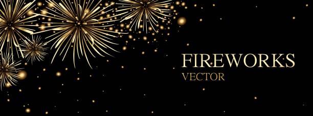 istock Fireworks are golden on a black background. A banner with festive fireworks. Vector 1356399608