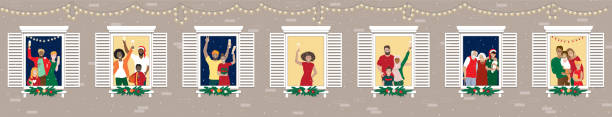 Merry and safe Home Christmas people in windows line Merry safe home Christmas celebrating during pandemic concept, vector banner. Happy cheerful diverse families, parents, kids, seniors, couples at apartments windows, fir tree branches, Champagne diverse family christmas stock illustrations