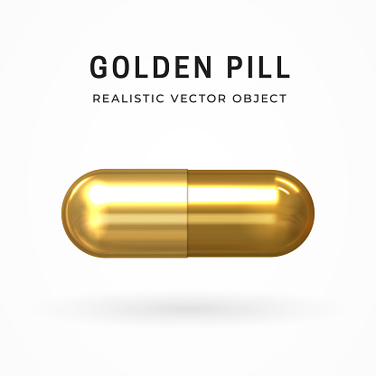 Golden pill. Realistic 3d design. Isolated pharmaceutical drug. Medications design. Healthcare and medicine, health and beauty concept. Vector illustration