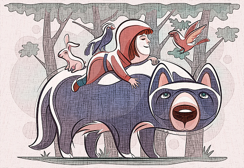 digital painting / raster illustration of cheerful little girl riding big wolf