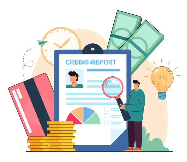 Vector illustration of Check of credit history by tiny man with magnifying glass