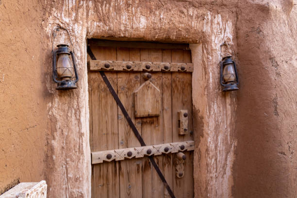 Traditional Arab wooden gate to a family household, Ushaiqer, Saudi Arabia stock photo