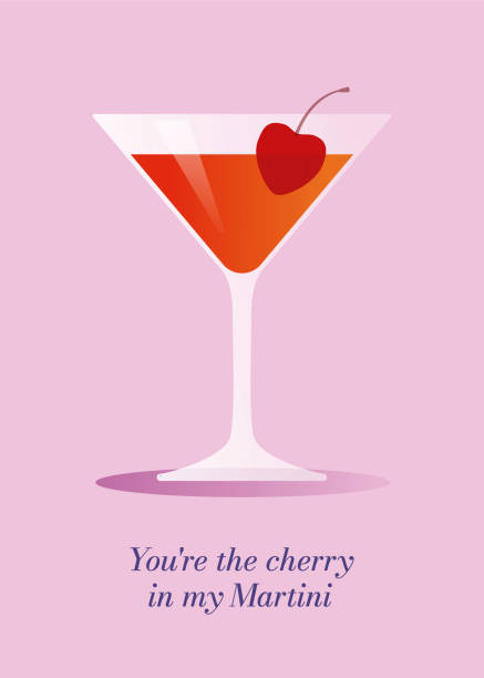 ilustrações, clipart, desenhos animados e ícones de cartão de dia dos namorados com coquetel martini e cereja. - mail correspondence romance passion