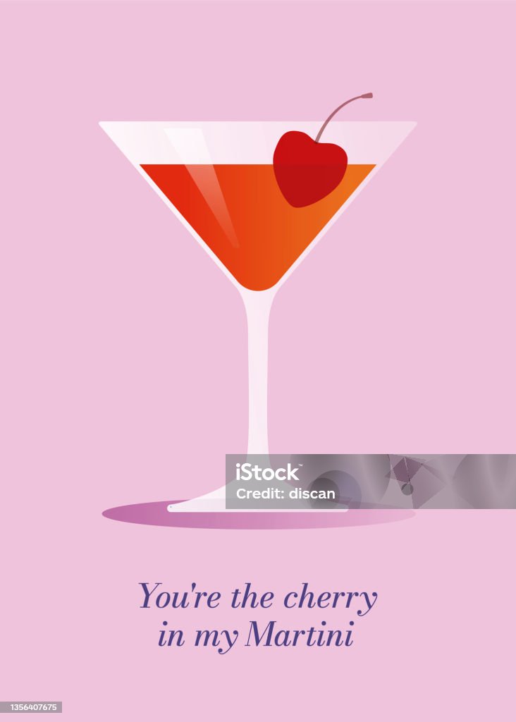 Valentine’s Day Card with Martini cocktail and cherry. - Royalty-free Kiraz Vector Art