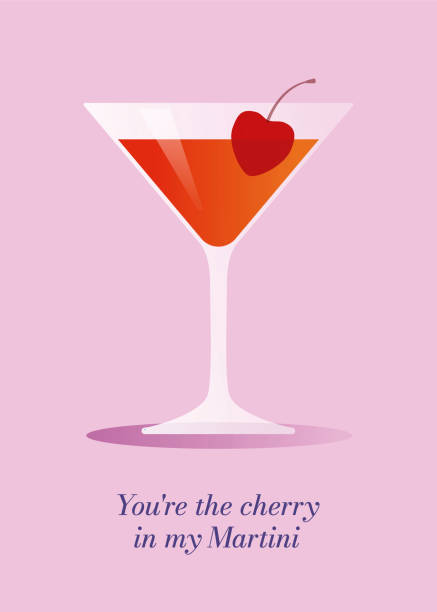 valentine’s day card with martini cocktail and cherry. - cherry valentine stock illustrations