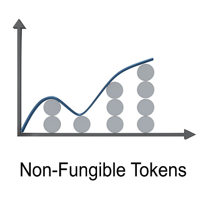 3D illustration of Non-Fungible Tokens script below a graph composed of silver coins, isolated on white.