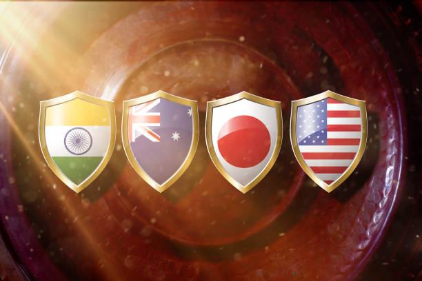 japan,australia,usa and india Quad plus countries flags in golden shield on world map background. japan,australia,usa and india Quad plus countries flags in golden shield on world map background. indo pacific ocean stock pictures, royalty-free photos & images