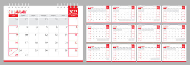 шаблон планировщика календаря vector 2022 для офиса и печати, начало воскресной недели, цветная иллюстрация - 1 2 months stock illustrations