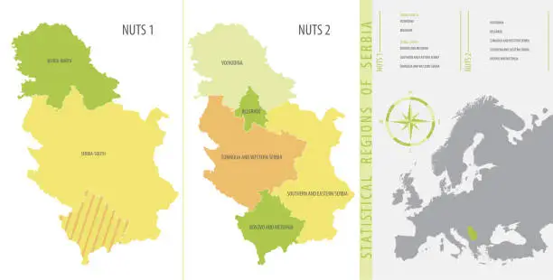 Vector illustration of Detailed color vector map of the administrative divisions of Serbia into static regions showing the location country on the map Europe