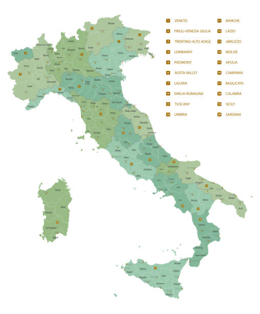 detaillierte karte von italien mit administrativen unterteilungen in regionen und provinzen des landes, vektorillustration auf weißem hintergrund - mediterranean cuisine stock-grafiken, -clipart, -cartoons und -symbole