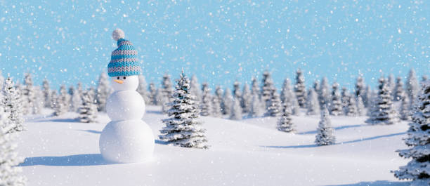 istock Snowman in beautiful snowy forest. Winter Holidays background 3d render 1356410818