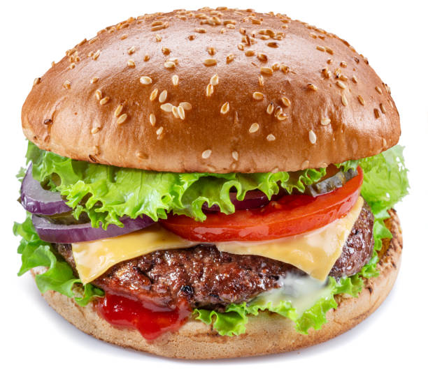 istock Delicious hamburger with beef cutlet, vegetables and onions isolated on a white background. Fast food concept. 1356412043